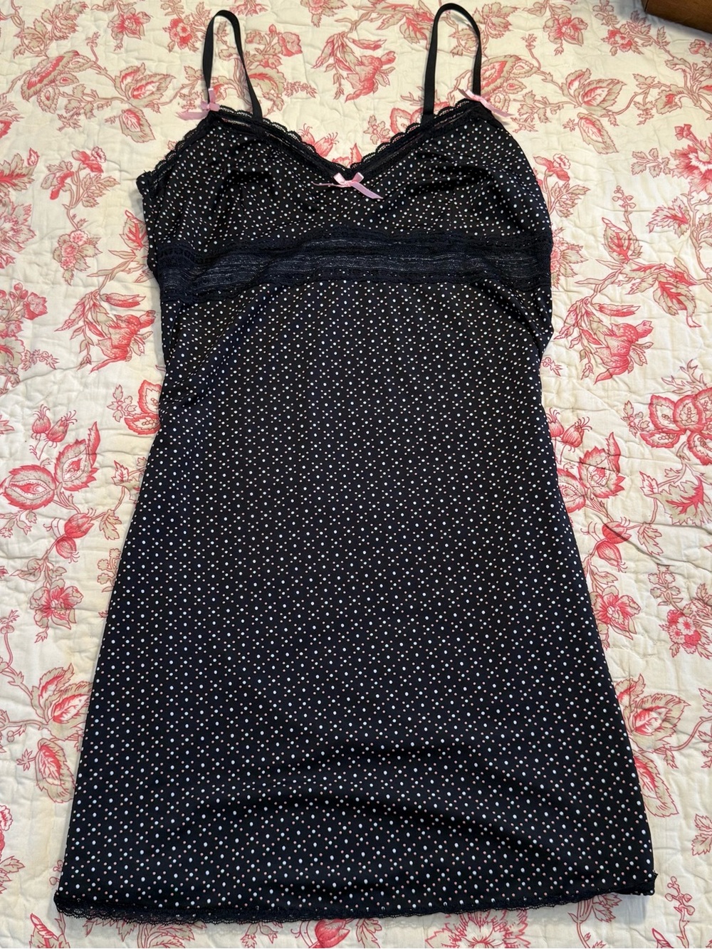 Marilyn Monroe Vintage Black Polka Dot Lace-Trim Slip with Pink Bow